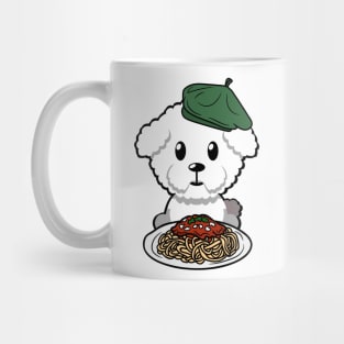 Cute furry dog eating spaghetti Mug